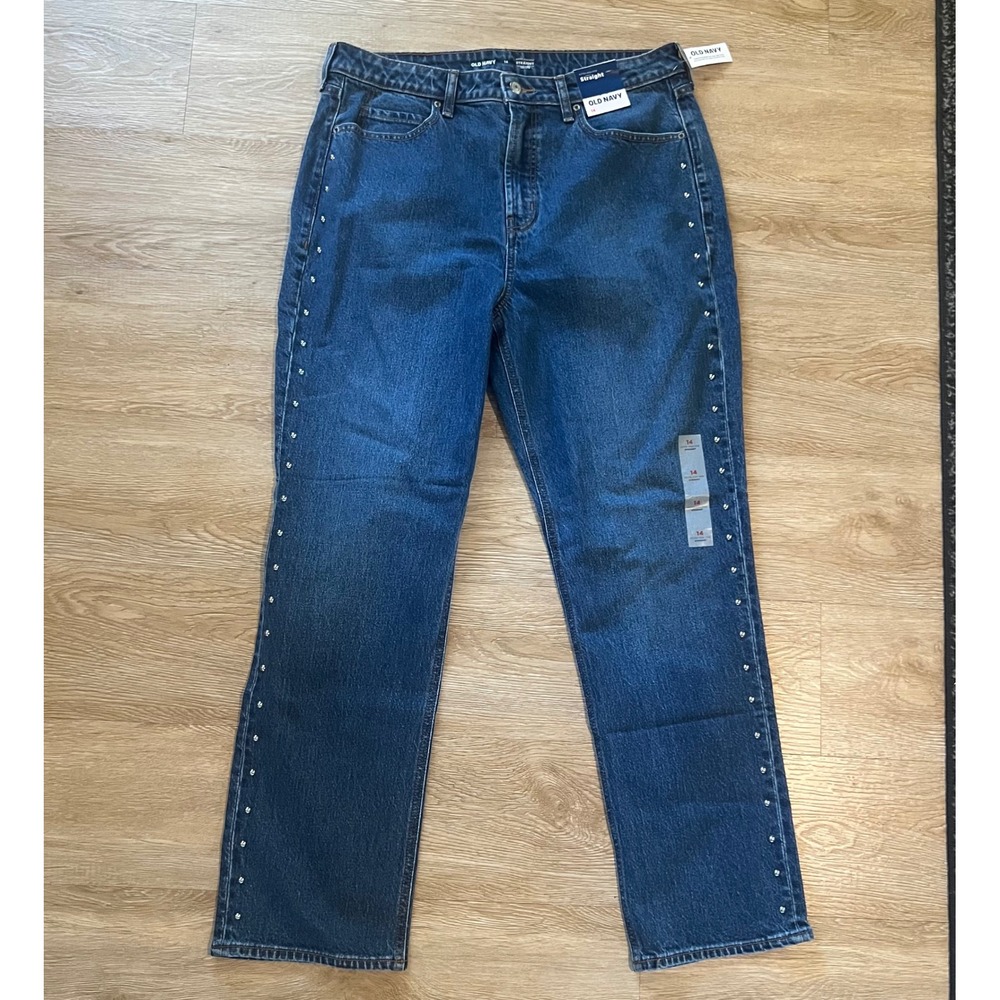 NWT Old Navy Extra High Rise Straight Jeans Studded Dark Wash Size 14